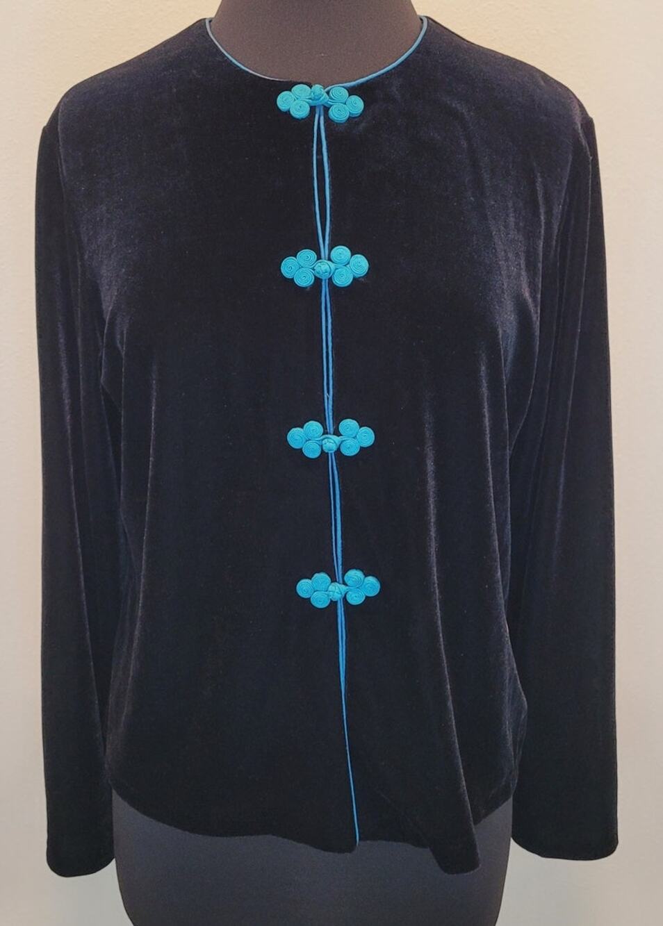 Vintage 90s Black Velvet Toggle Button Tunic Top Jacket L Whimsigoth Bohemian
